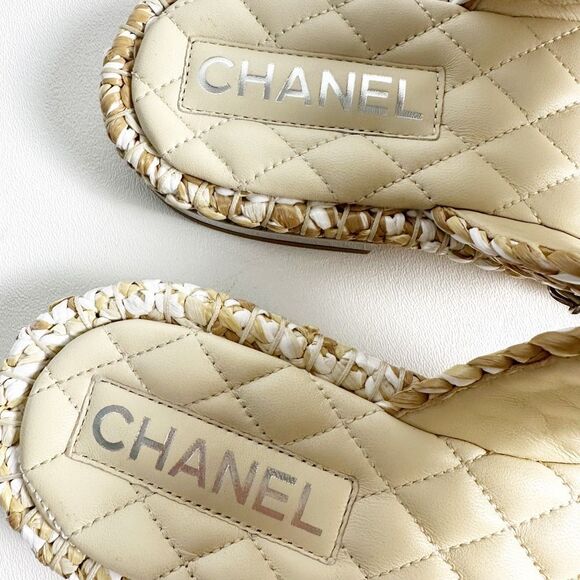 CHANEL Raffia Beige Leather Chain CC Logo Sandals Size 40 Open Toe Ring Slide - Picture 4 of 12